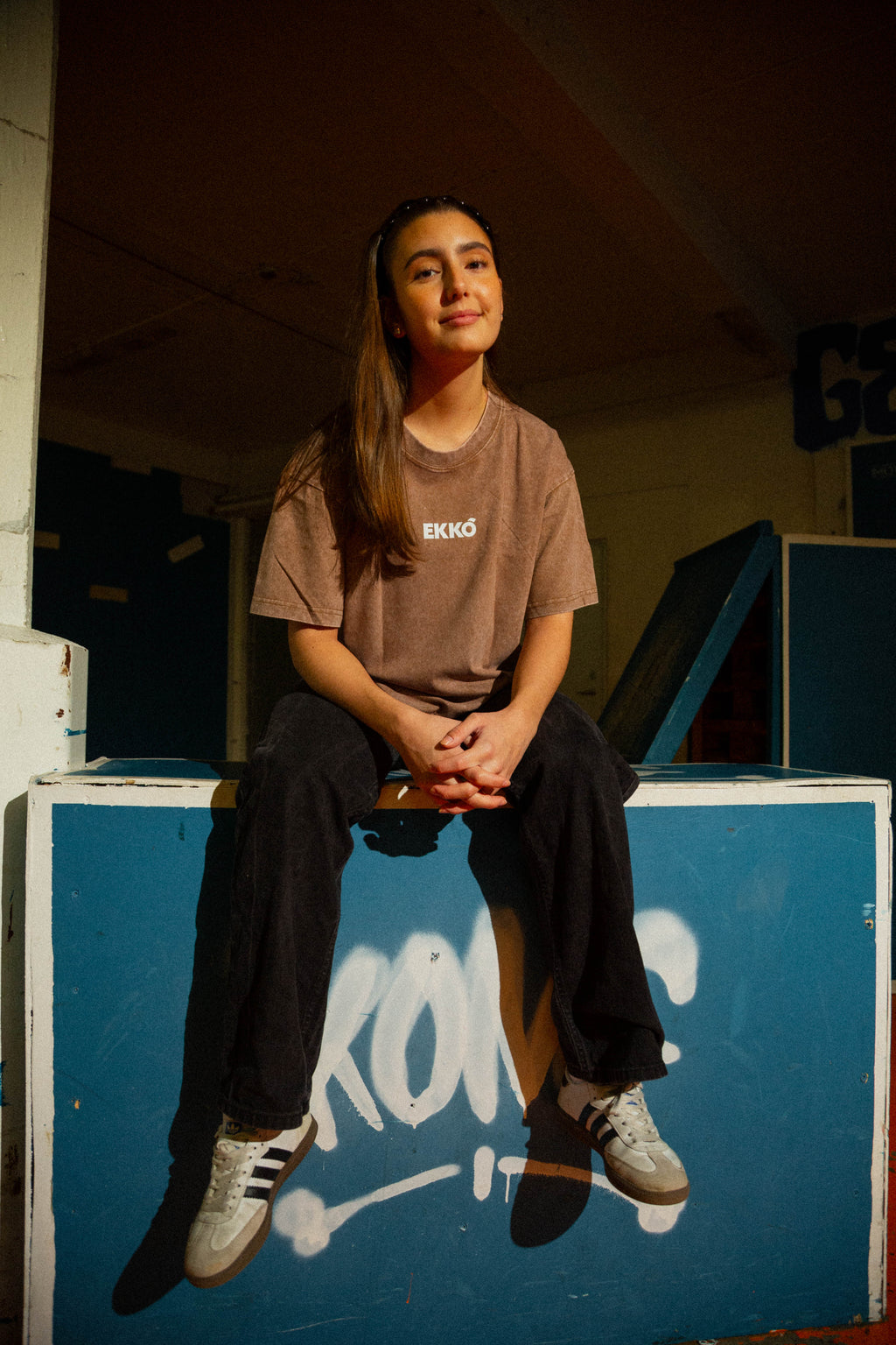 EKKÓ Ltd.Ed. NKH3D oversized tee, brunt — framman, sitandi 2