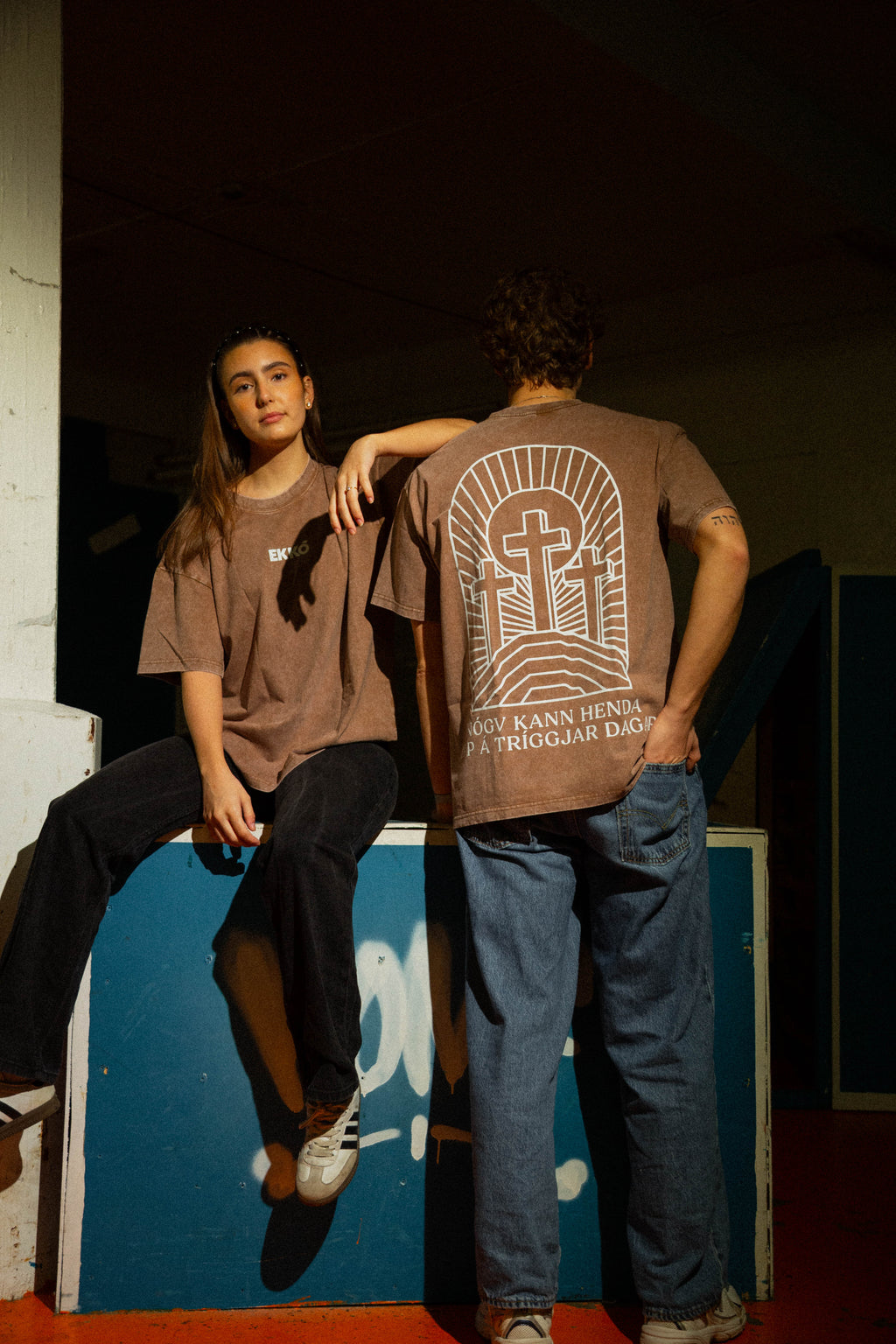 EKKÓ Ltd.Ed. NKH3D oversized tee, brunt — aftan, tvey saman