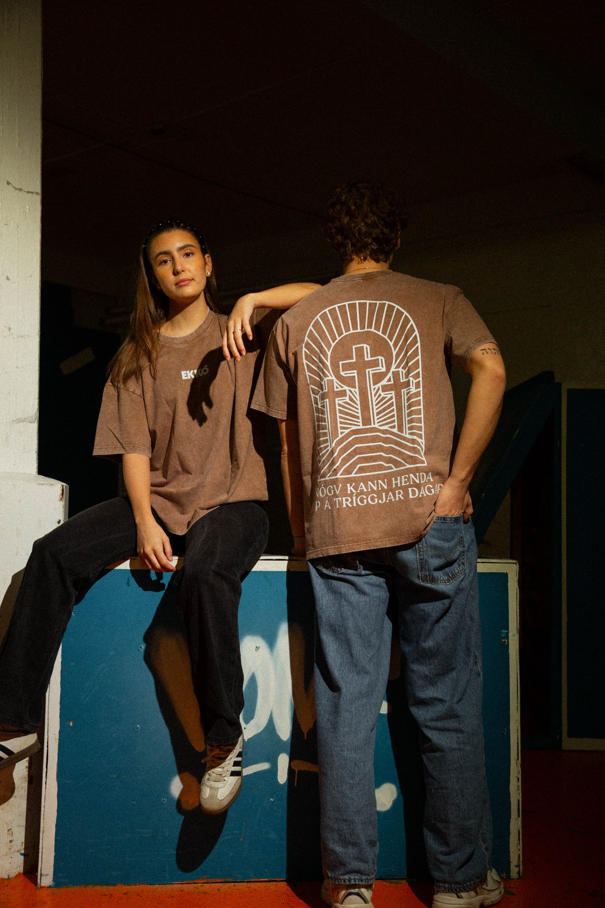 EKKÓ Ltd.Ed. NKH3D oversized tee, brunt — aftan, tvey saman