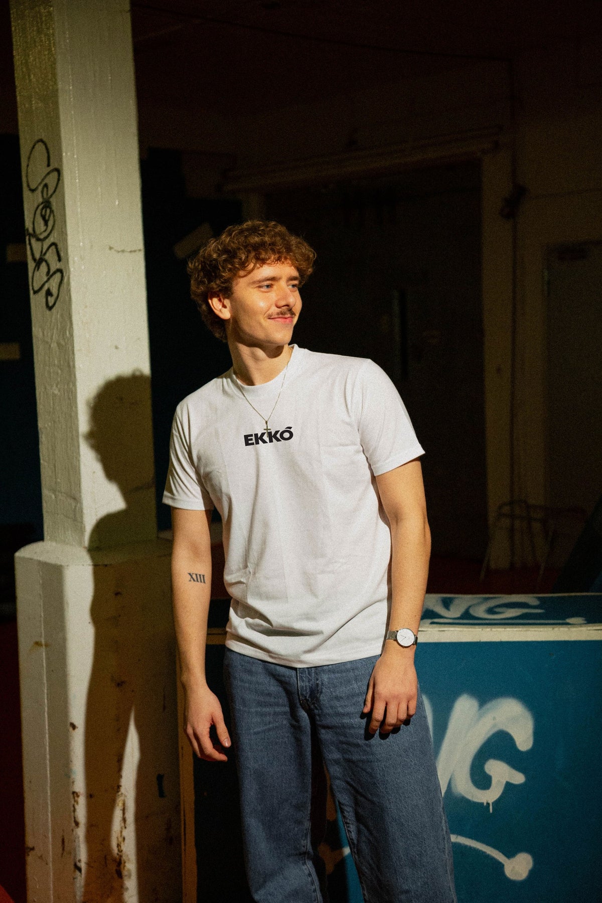 EKKÓ regular-fit t-shirt, hvítt — framman, maður, prent "Ikki av tilvild"