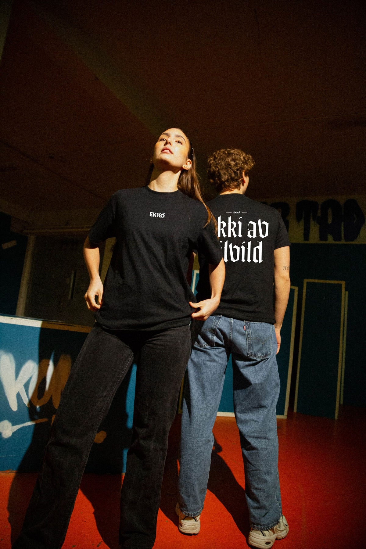 EKKÓ regular-fit t-shirt, svart — aftan, tvey saman, prent "Ikki av tilvild"