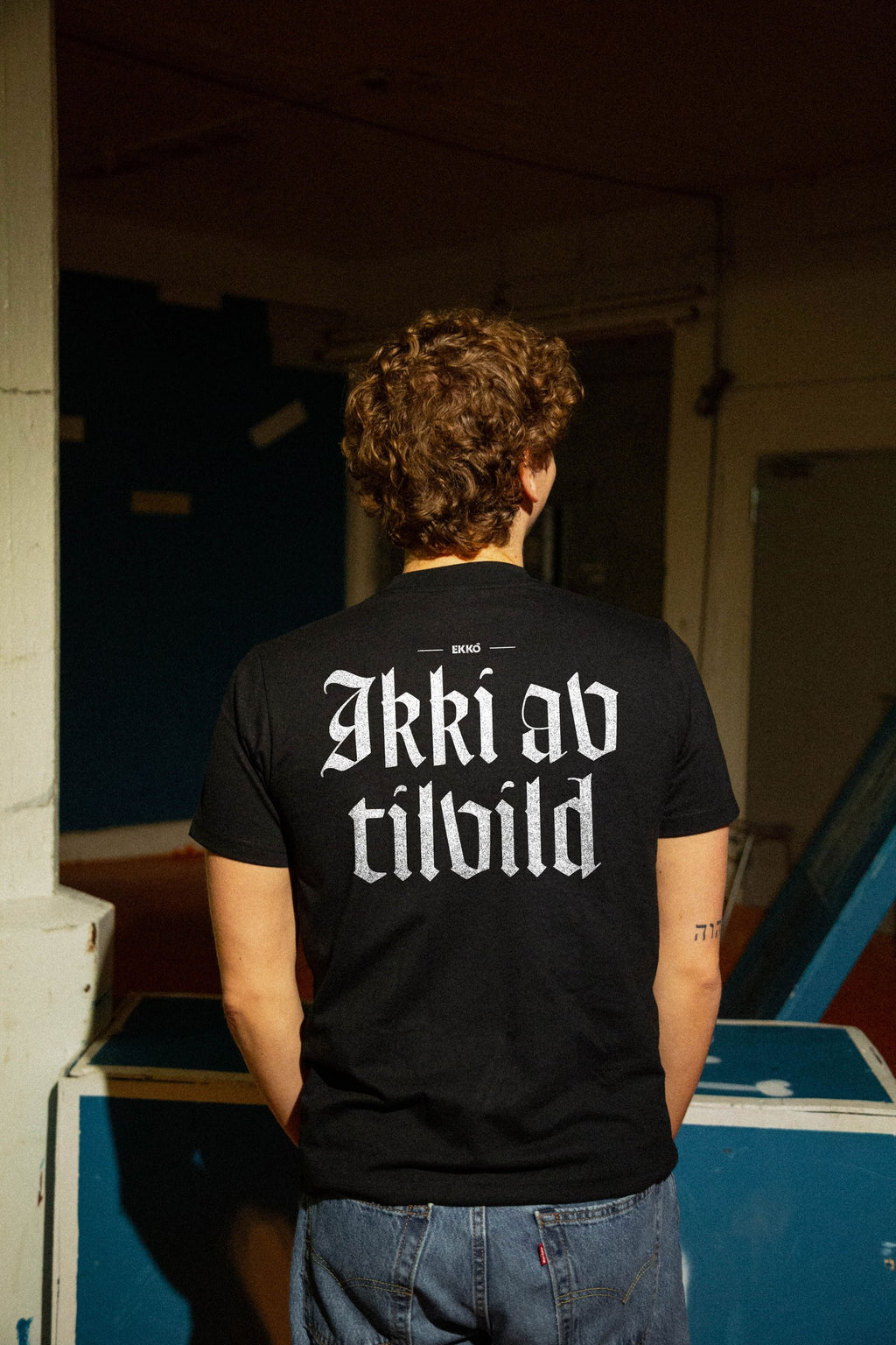 EKKÓ regular-fit t-shirt, svart — aftan, heil mynd, prent "Ikki av tilvild"