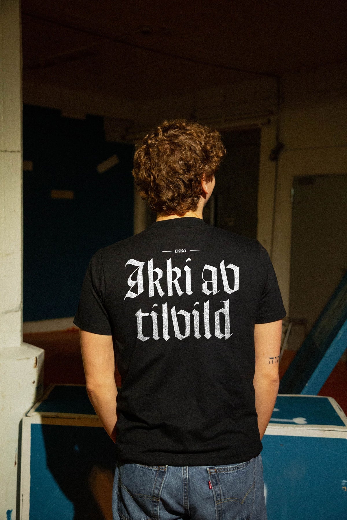 EKKÓ regular-fit t-shirt, svart — aftan, heil mynd, prent "Ikki av tilvild"